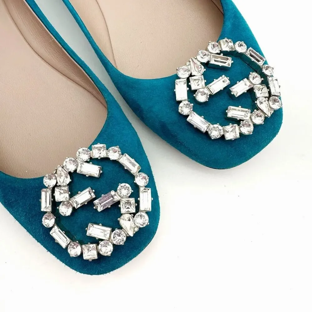 GUCCI Interlocking Crystal GG Ballet Flat Size 37 US 7 Teal Blue Suede